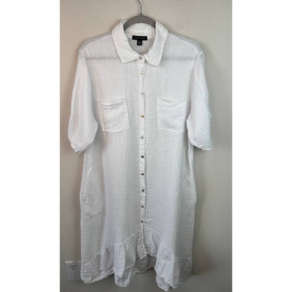 Saks Fifth Avenue 100% Linen Shirt Dress Women's XL White Italian Coastal Beach